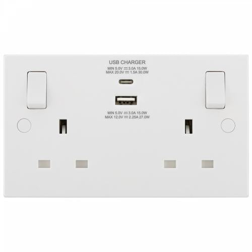 2 Gang Switched Socket with USB A & C Charger Output