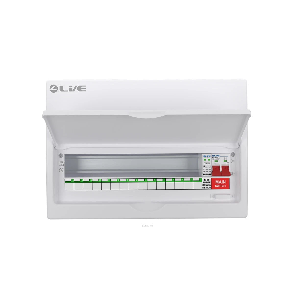 Live Electrical LSMC18M-SP consumer unit with SPD 15 useable ways UK
