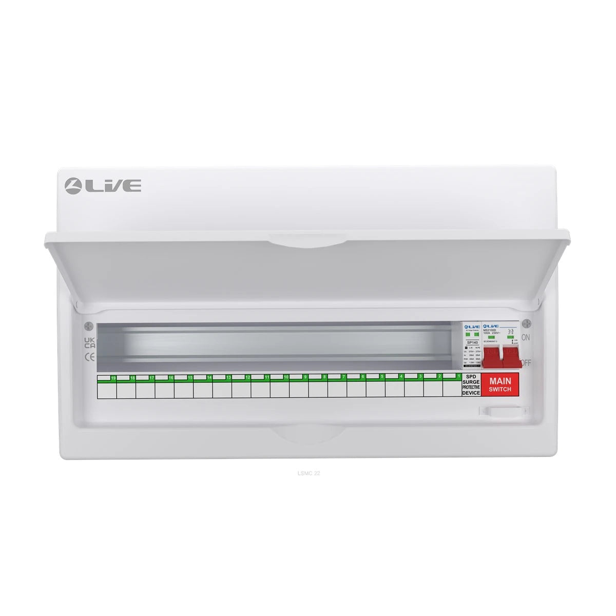 Live Electrical LSMC22M-SP consumer unit with SPD 19 useable ways UK