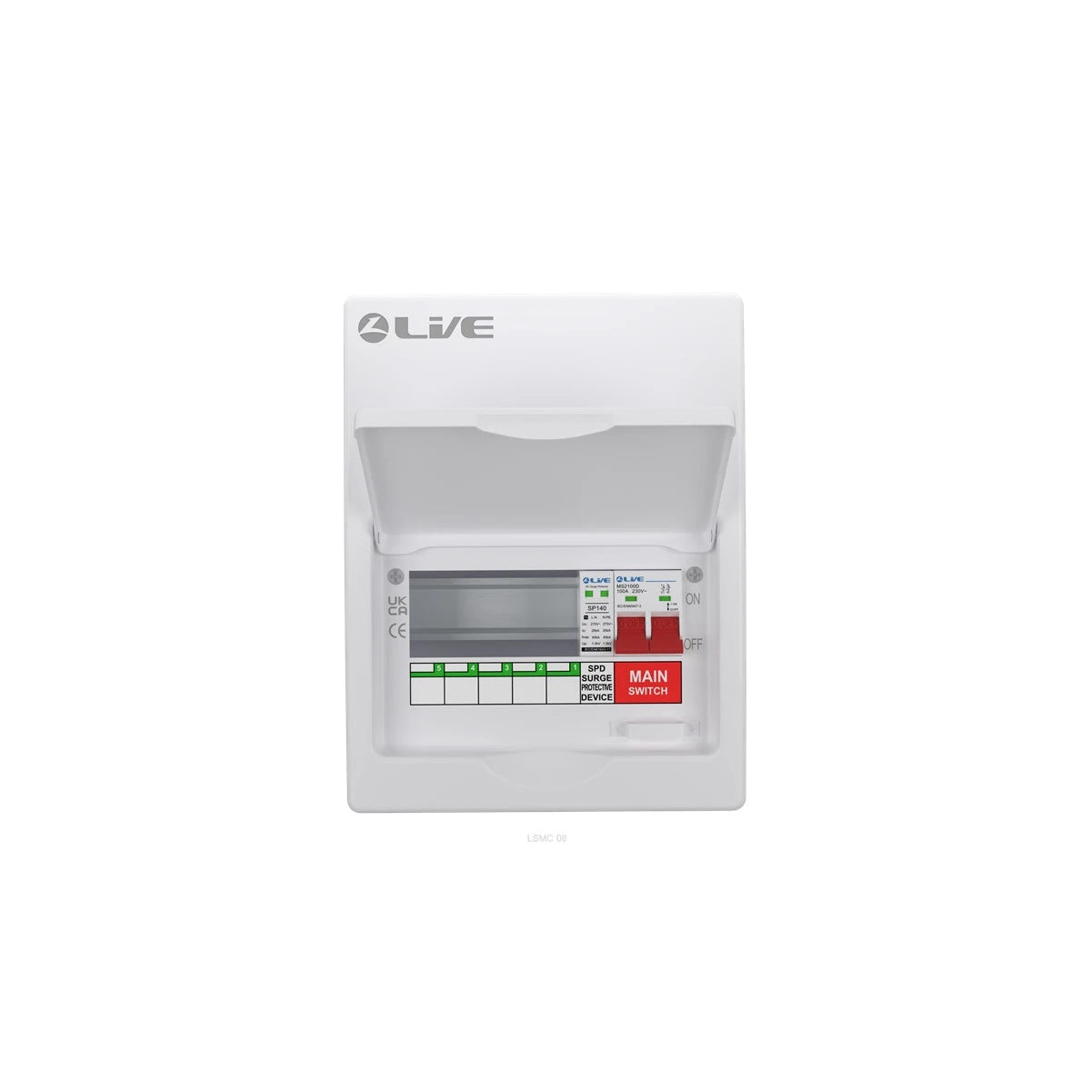 Live Electrical LSMC8M-SP consumer unit with SPD 5 usable ways UK LSMC8M-SP