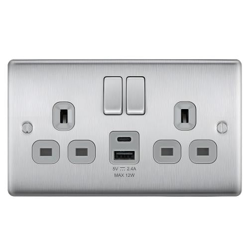 Brushed Steel 2 Gang Socket with USB A & C Charger – Smart Power Solution