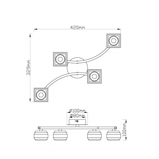 Flush Double Arm Crystal Glass 4 Way Ceiling Chrome Light