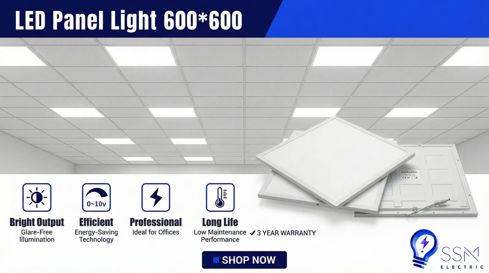 600x600 LED panel light for office ceilings with bright glare-free illumination and energy-efficient commercial lighting