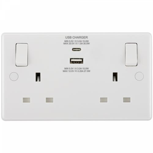Nexus White 2 Gang Switched Socket with USB A & C – Smart Charging Solution