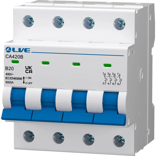 Live CA420B 4 Pole MCB 6kA B Curve 20A | 4P Circuit Breaker