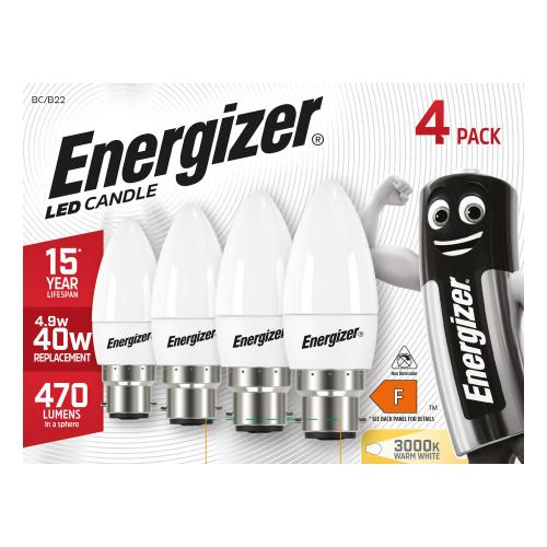 Energizer 4 Pack 4.9W LED BC Candle Bulb Warm White – Efficient Everyday Lighting