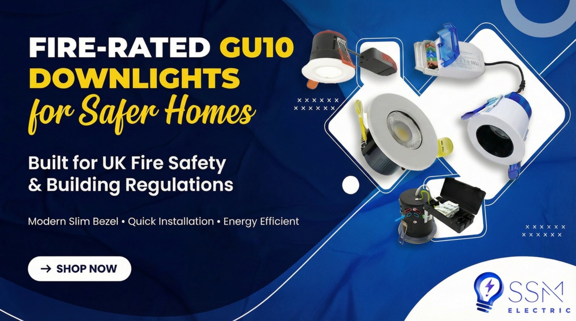 Fire-rated GU10 LED downlights for UK fire safety and building regulation compliant ceiling lighting