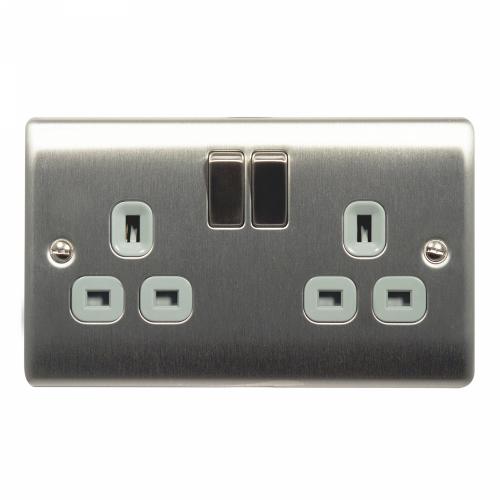 Brushed Steel 2 Gang 13A Switched Socket – Dual Power in Modern Style