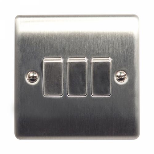 Brushed Steel 3 Gang 2 Way Switch – Premium Multi-Light Control