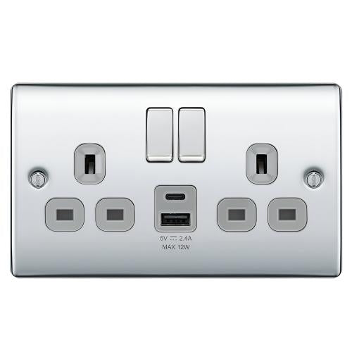 Polished Chrome USB Socket | 2 Gang with USB-A & USB-C