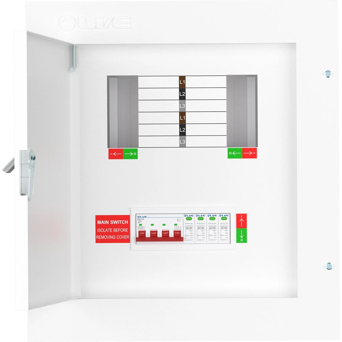 Live TPN04-125S 4 Way Distribution Board with SPD – 3 Phase TP&N 125A