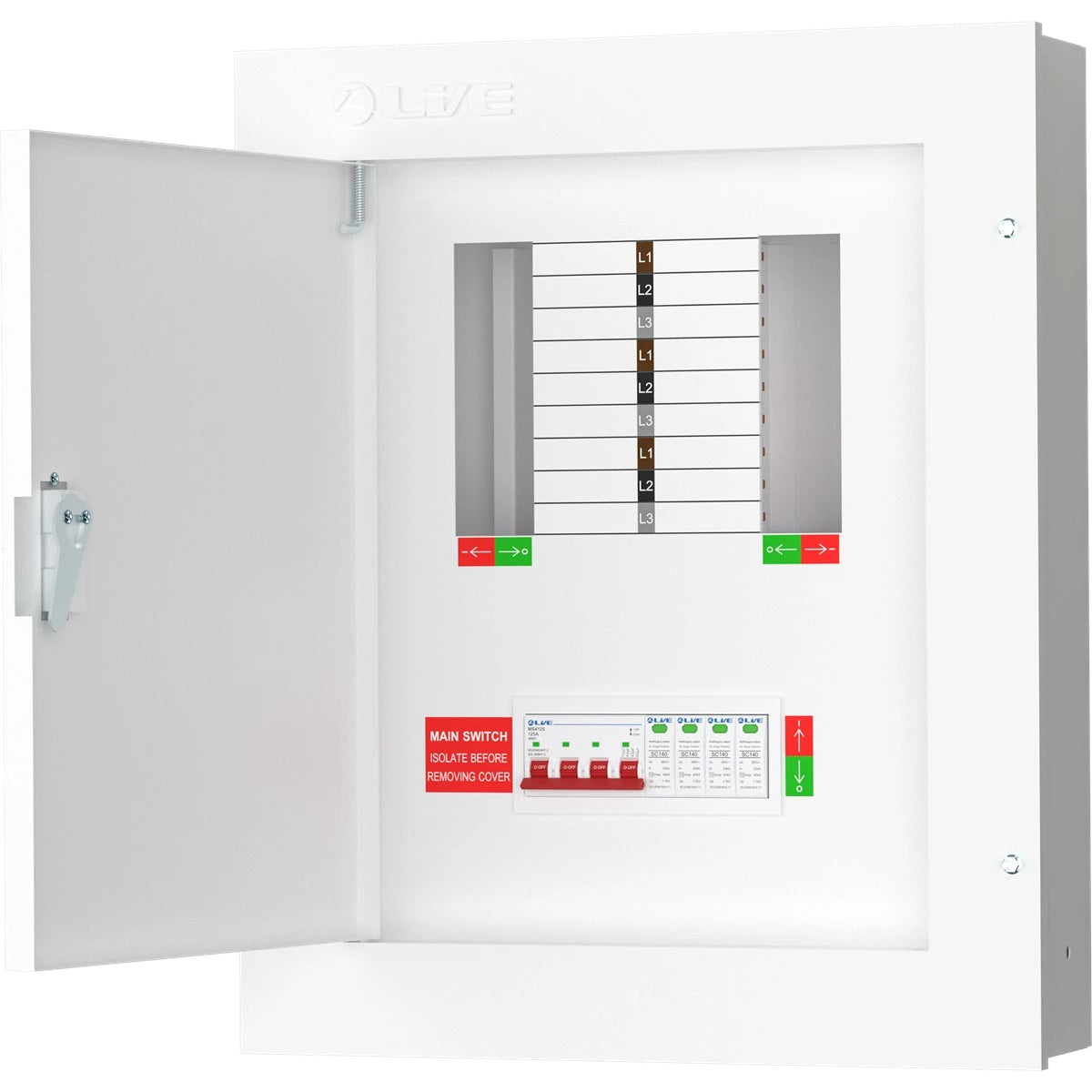 Live TPN06-125S 6 Way Distribution Board with SPD – 3 Phase TP&N 125A