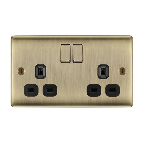 2 Gang 13A Switched Socket Antique Brass – Dual Power Elegance