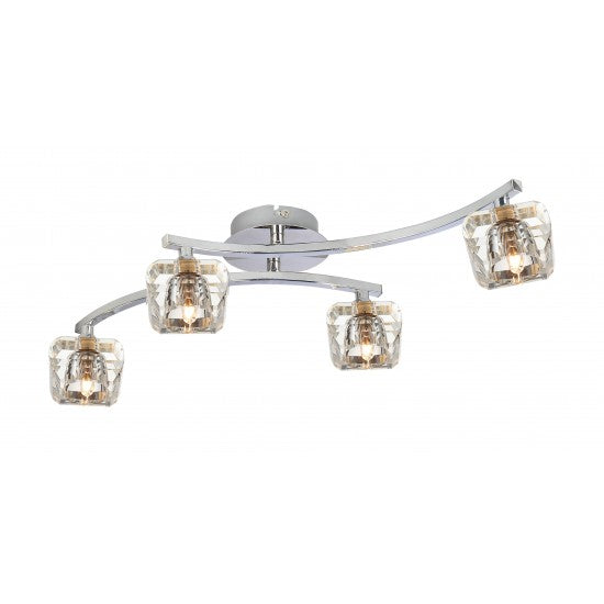 Flush Double Arm Crystal Glass 4 Way Ceiling Chrome Light