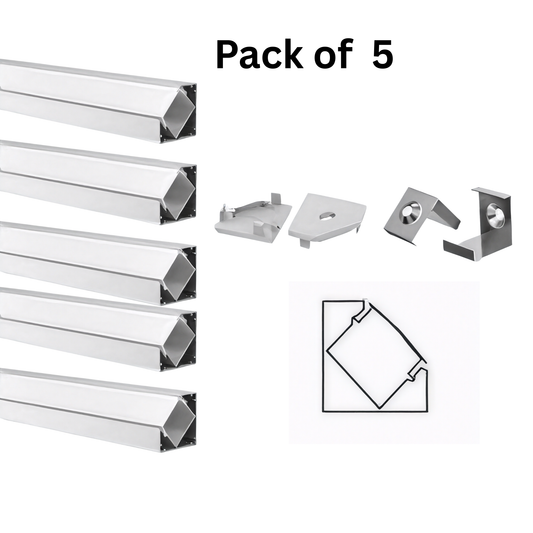 5 Pack of 3 Meter Corner Aluminium LED Profile 18mm - With White PC Diffuser