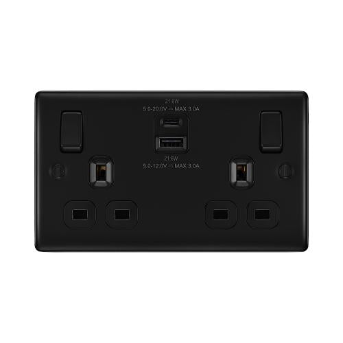 2 Gang Matt Black Socket with USB A & C – Smart Charging Solution