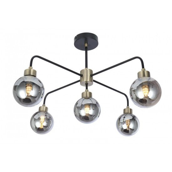 Modern Semi Flush Black and Brass 5 Way Smoked Ball Ceiling Light