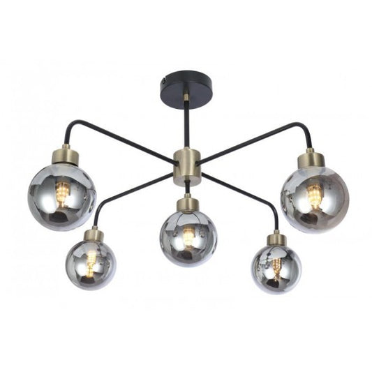Modern Semi Flush Black and Brass 5 Way Smoked Ball Ceiling Light